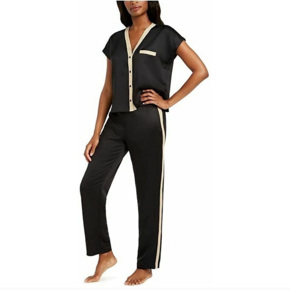 INC Satin Pajama Set in Black with Gold Metallic Trim, Sz XL NWT